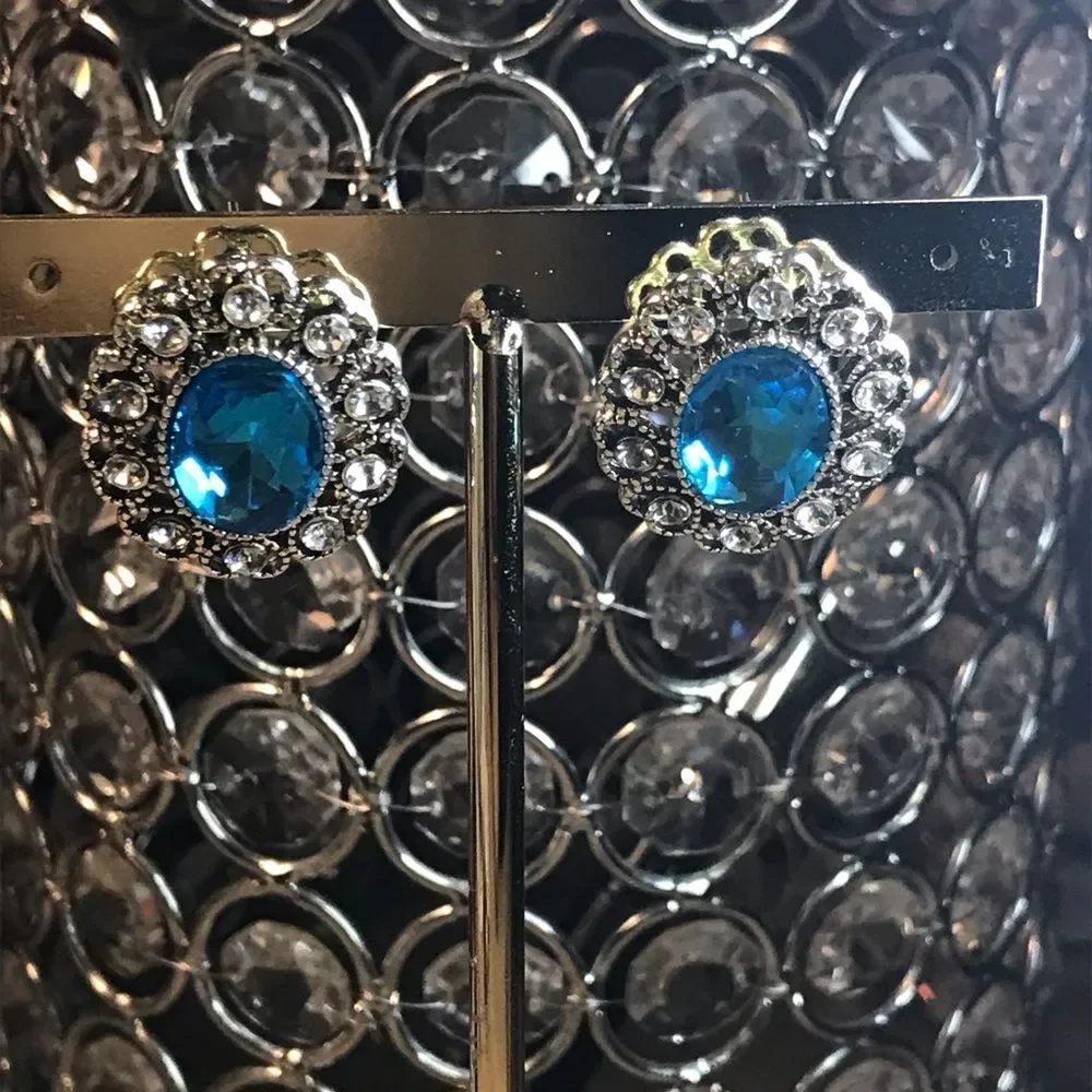 Vintage Victorian Blue Oval Silver Heart Rhinestone Earrings